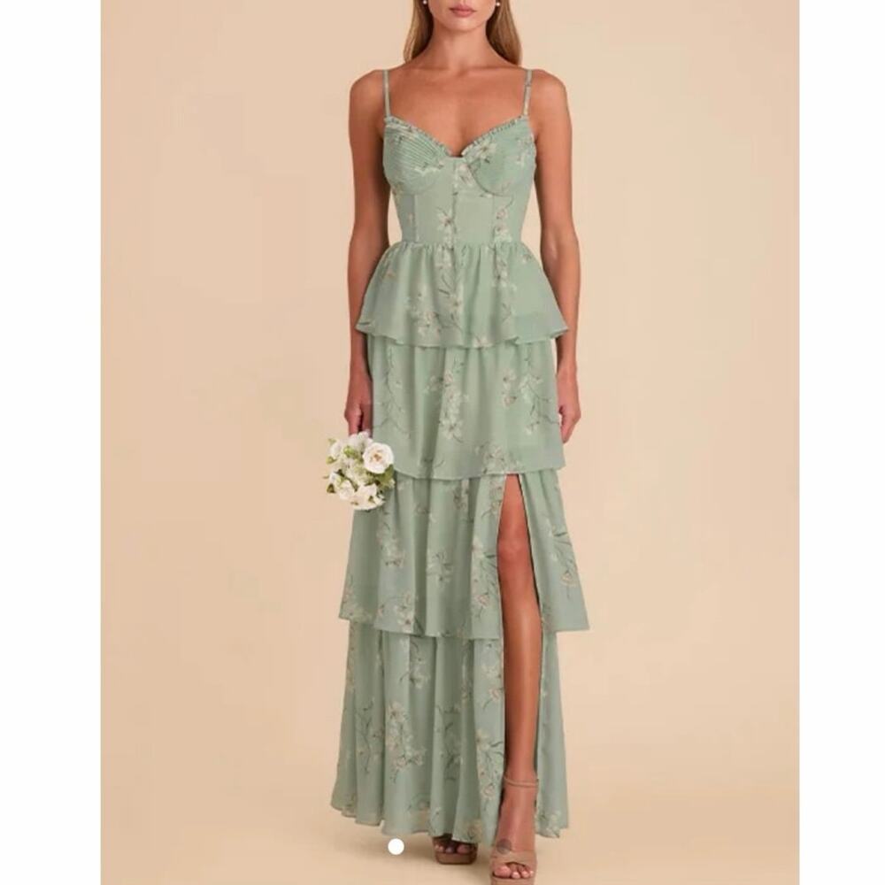 Birdy Grey Lola Chiffon Bridesmaid Dress Sage Floral Tiered Maxi Slit XS